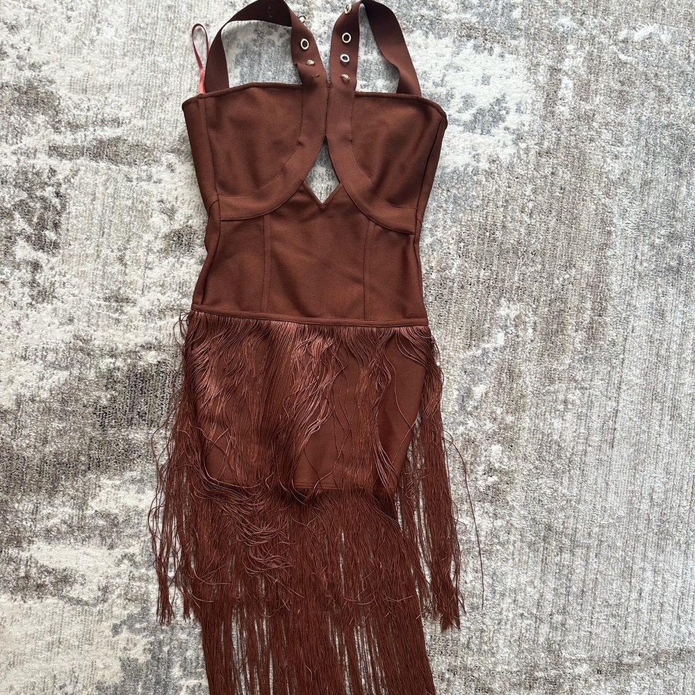 Brown bandage, fringe dress, size small